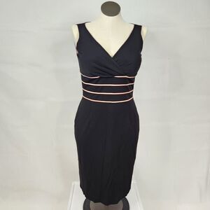 Kay Unger Black Sheath Dress Pink Stripe V-Neck Fitted Midi Y2K Size 10 Vintage
